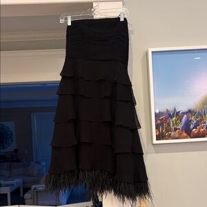 BCBG Maxazira Black strapless Tiered dress with feathers